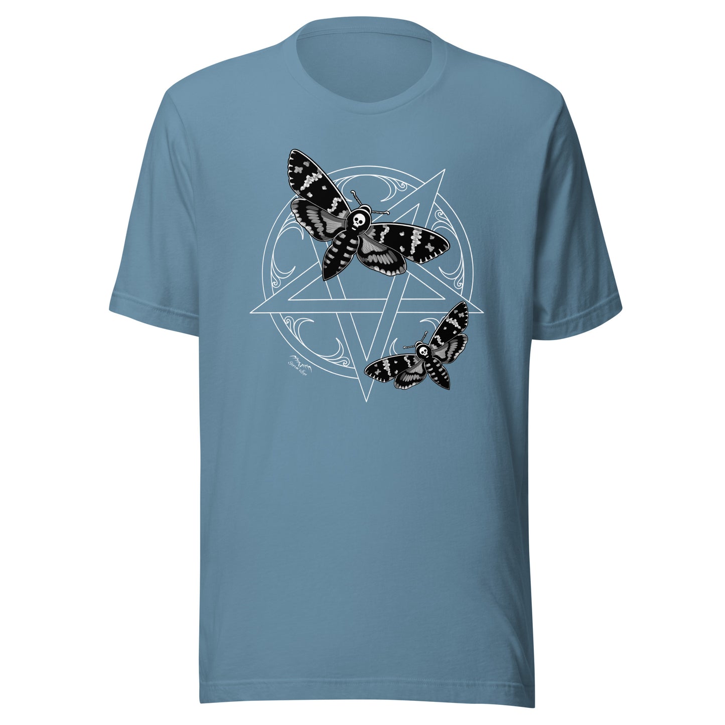 stormseye design deaths head moths pentagram T shirt flat view light blue