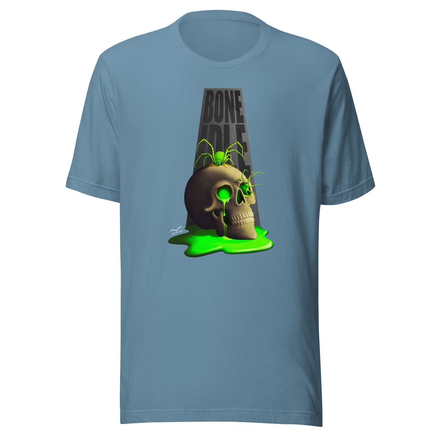 stormseye design bone idle skull and spiders T shirt flat view light blue
