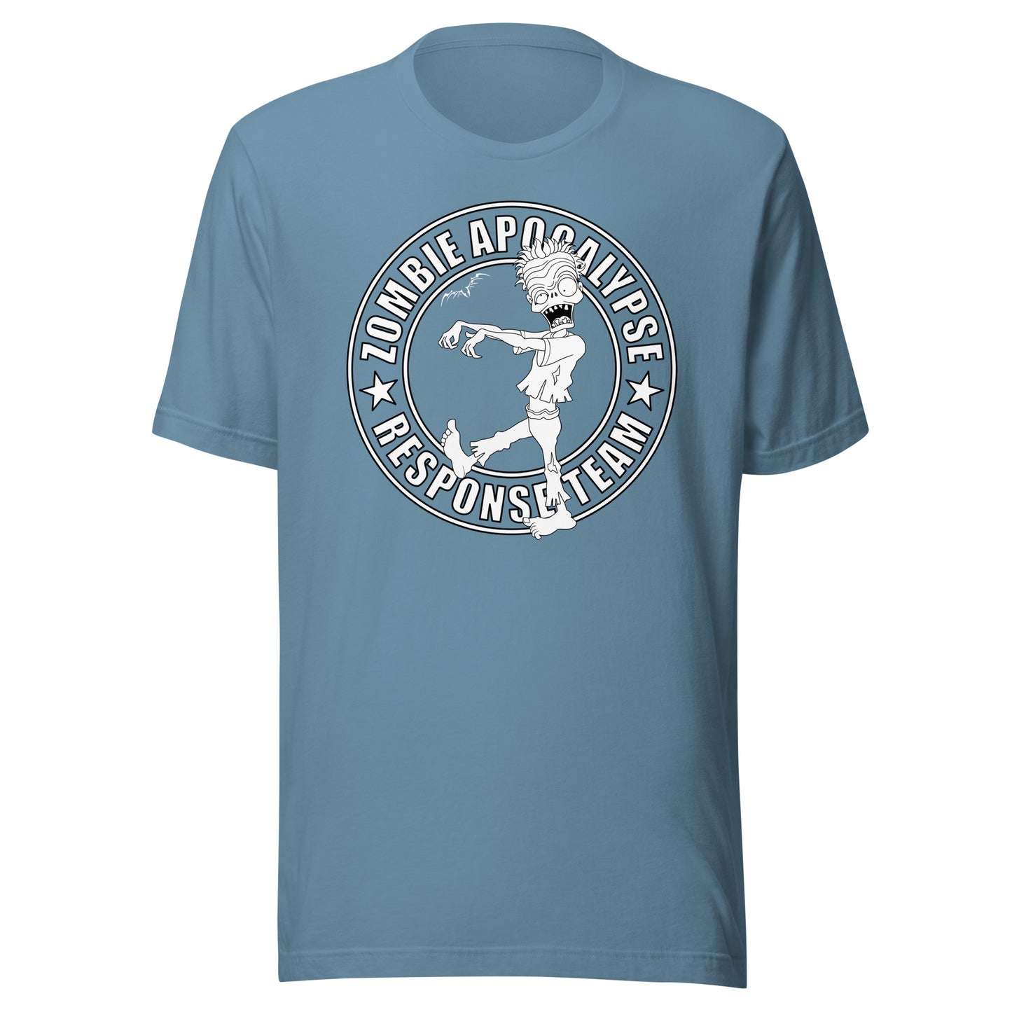 stormseye design zombie apocalypse T shirt, flat view light blue
