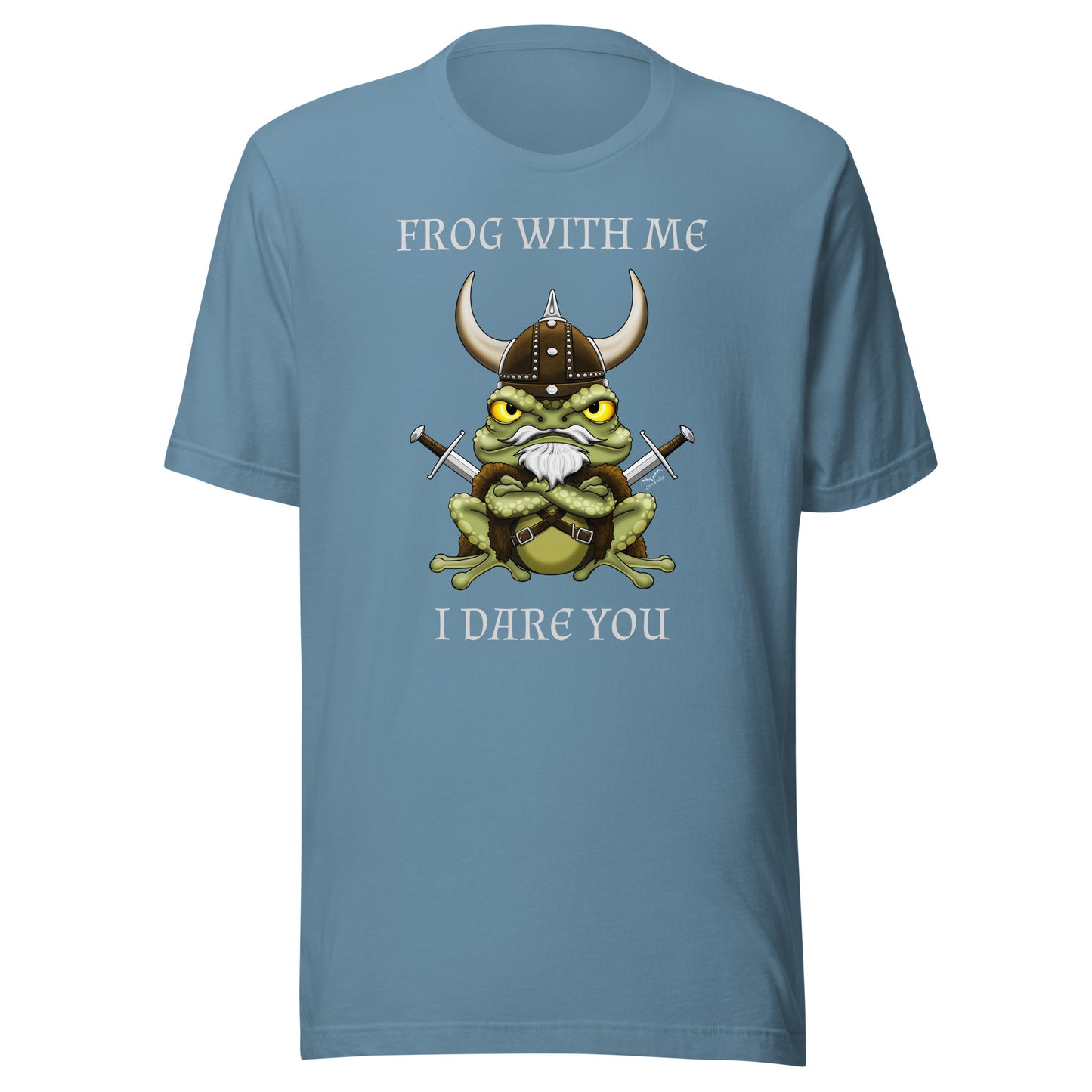 stormseye design frog with me viking T shirt, flat view steel blue