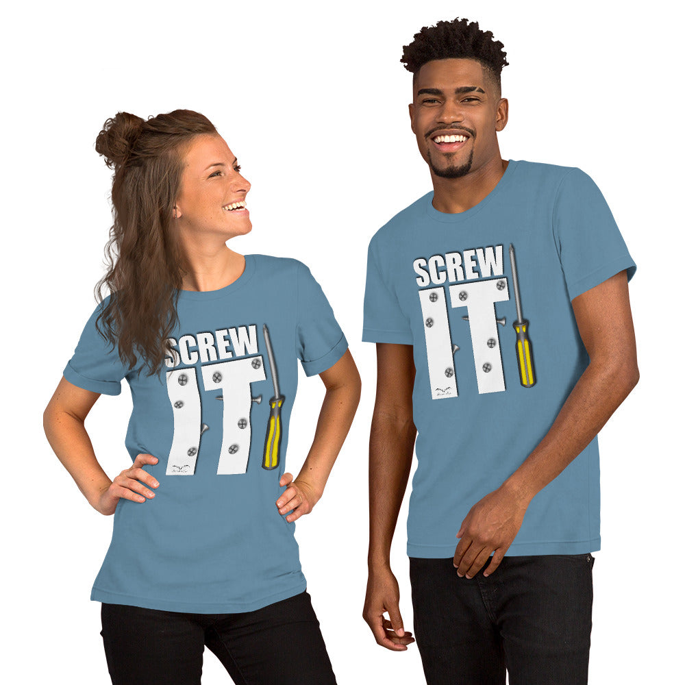 Screw It T-shirt by Stormseye, light blue, modelled view