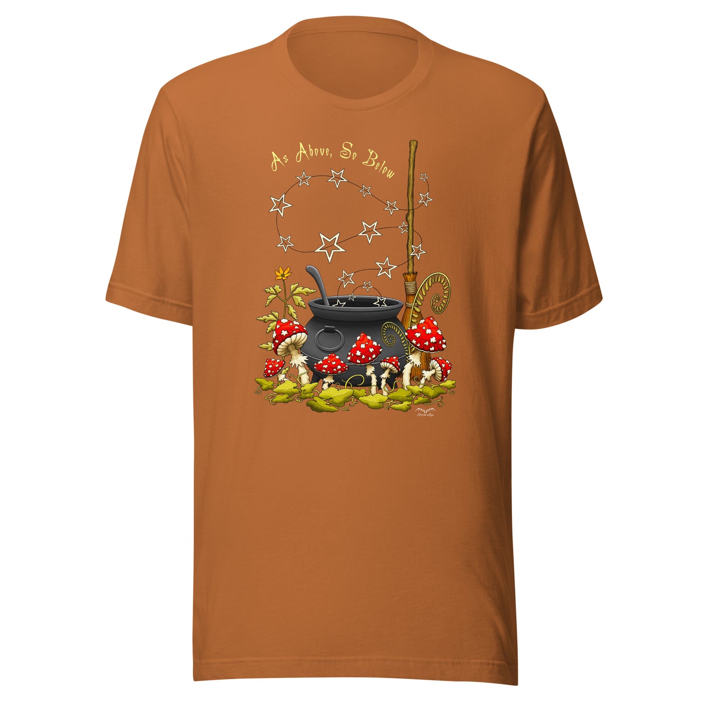 stormseye design witchy mushrooms T shirt, flat view toast orange