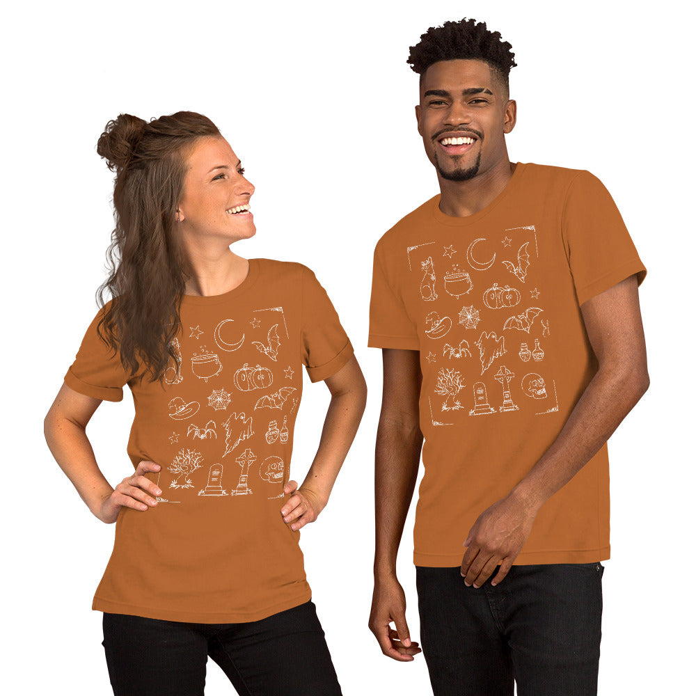 stormseye design halloween vibe spooky T shirt modelled view orange