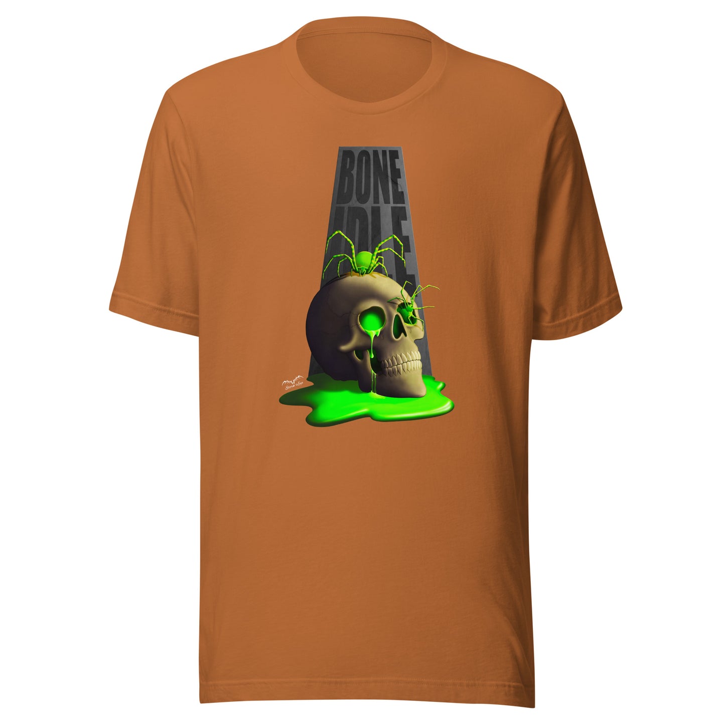 stormseye design bone idle skull and spiders T shirt flat view orange
