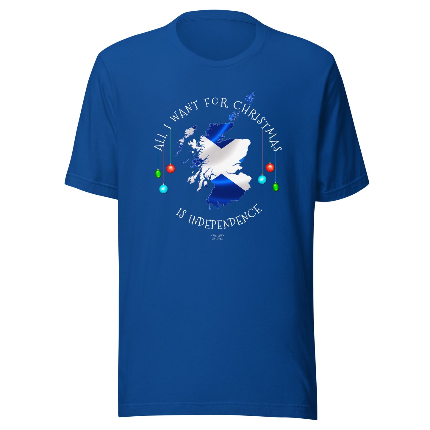 stormseye design christmas scottish independence T shirt, flat view royal blue
