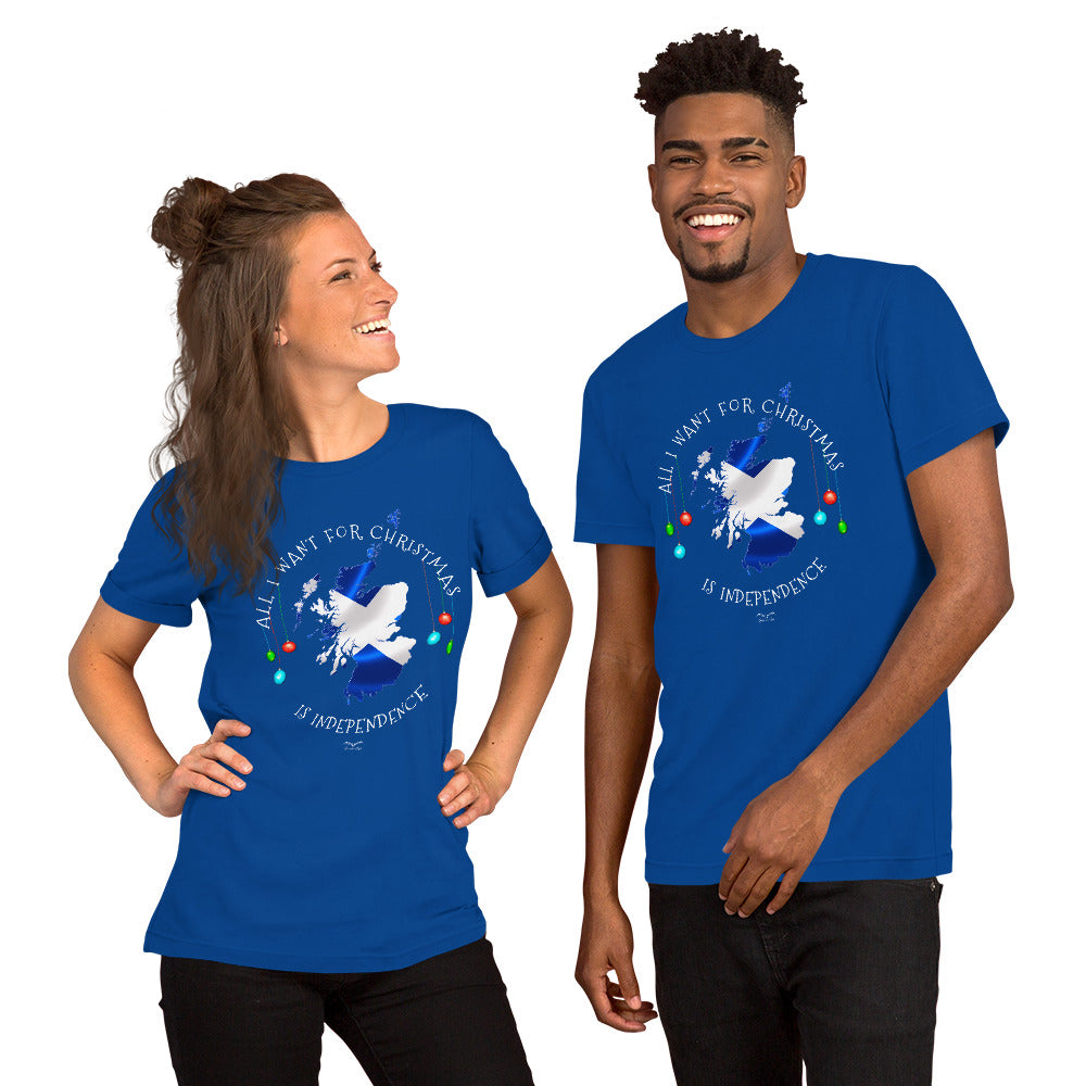 stormseye design christmas scottish independence T shirt, modelled view royal blue