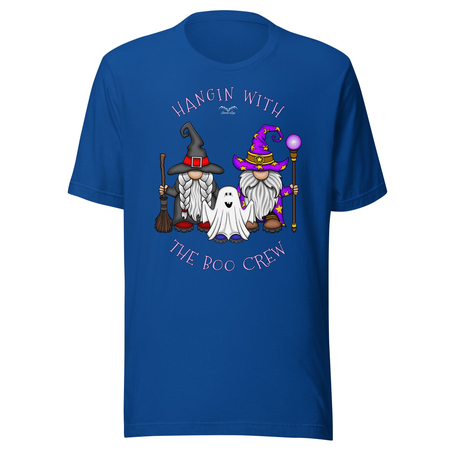 stormseye design boo crew halloween gnomes T shirt flat view royal blue