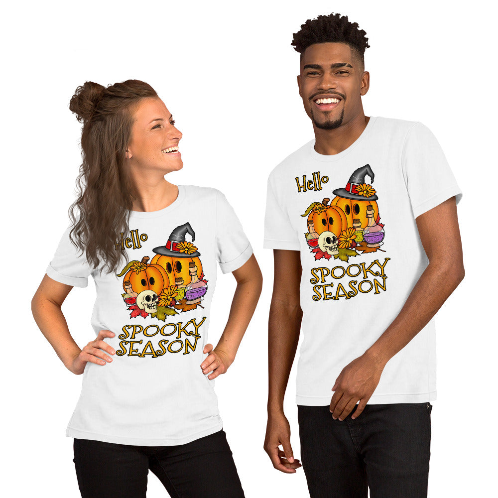 stormseye design hello spooky season halloween T shirt modelled view white