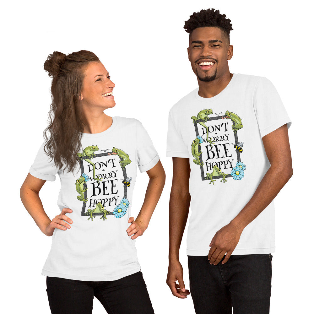 stormseye design don’t worry bee hoppy T shirt, modelled view white