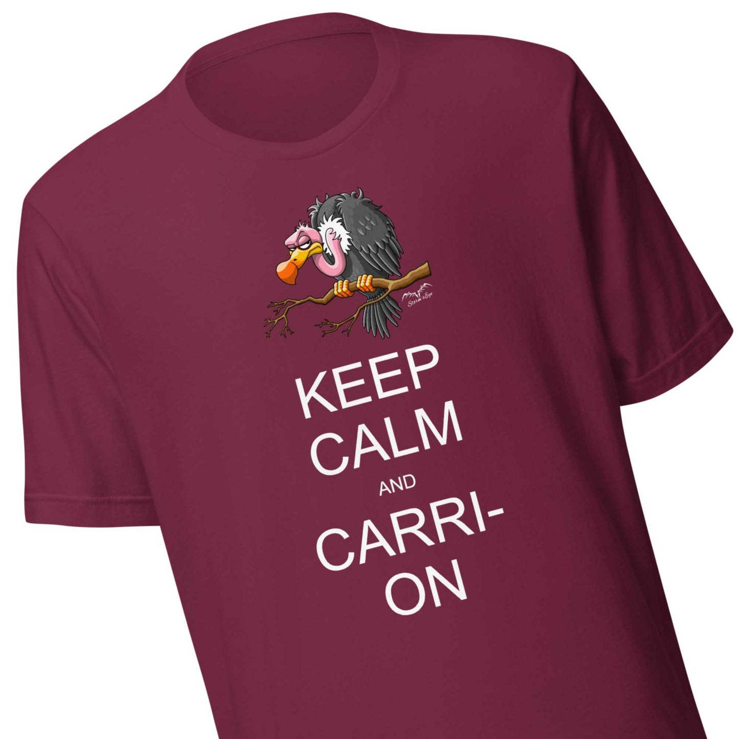 Keep Calm Carry On Vulture T-shirt by Stormseye, wine red, zoom view