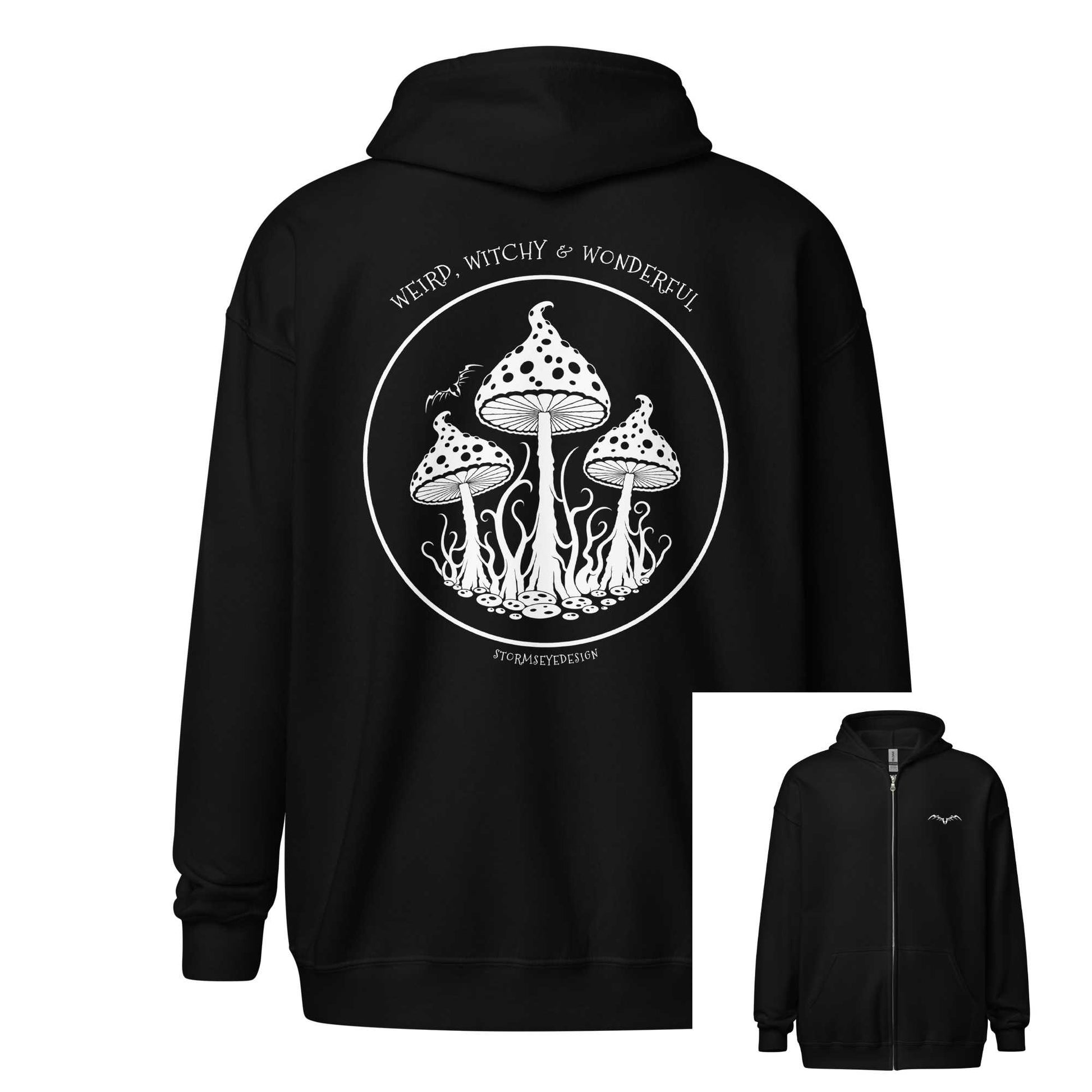 weird, witchy & wonderful back print zip hoodie by stormseye design. Black, back inset view