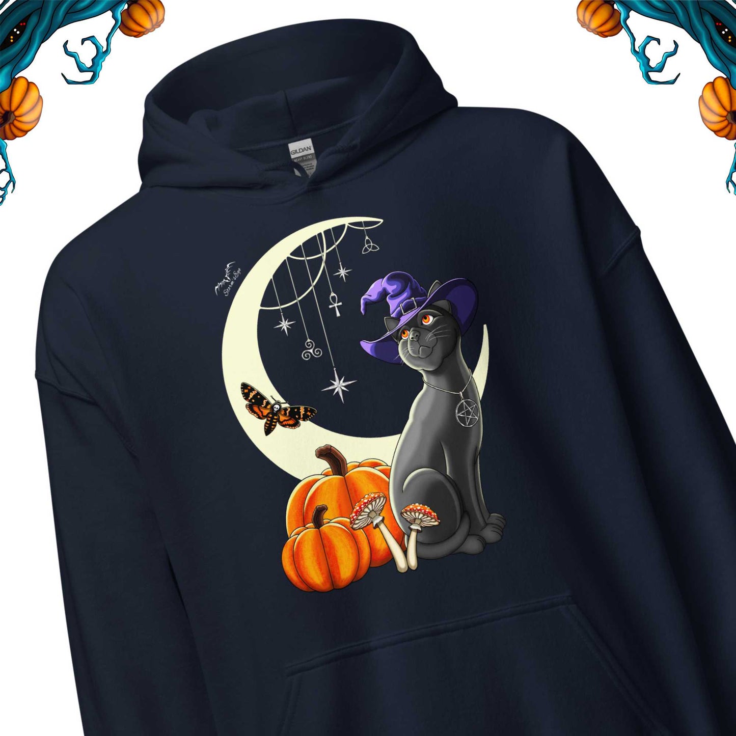 Witch's Cat Hoodie | Witchy Halloween Cat & Pumpkins Sweater | 7 Colours