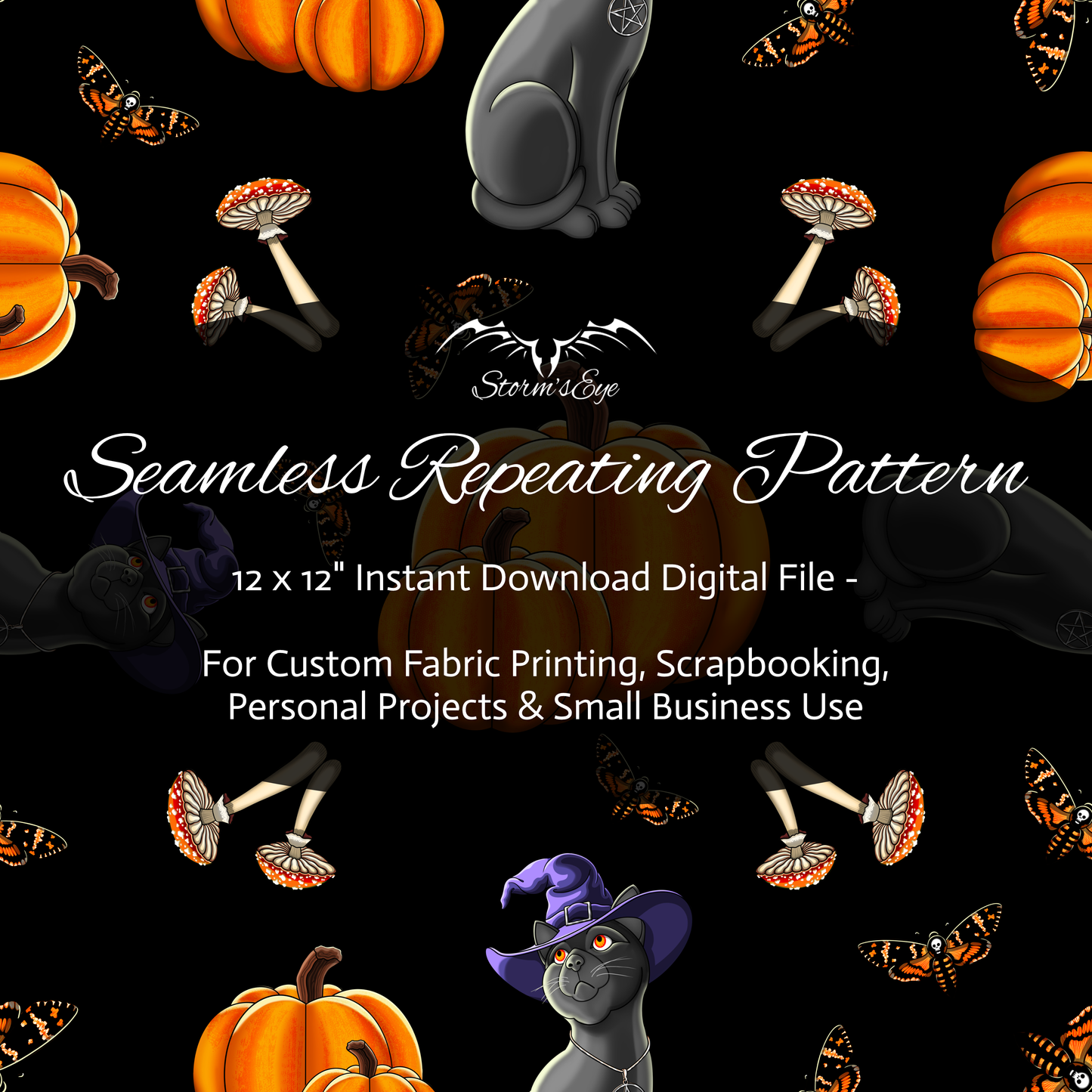 Witch's Cat Seamless Pattern Digital File , Stormseye Design
