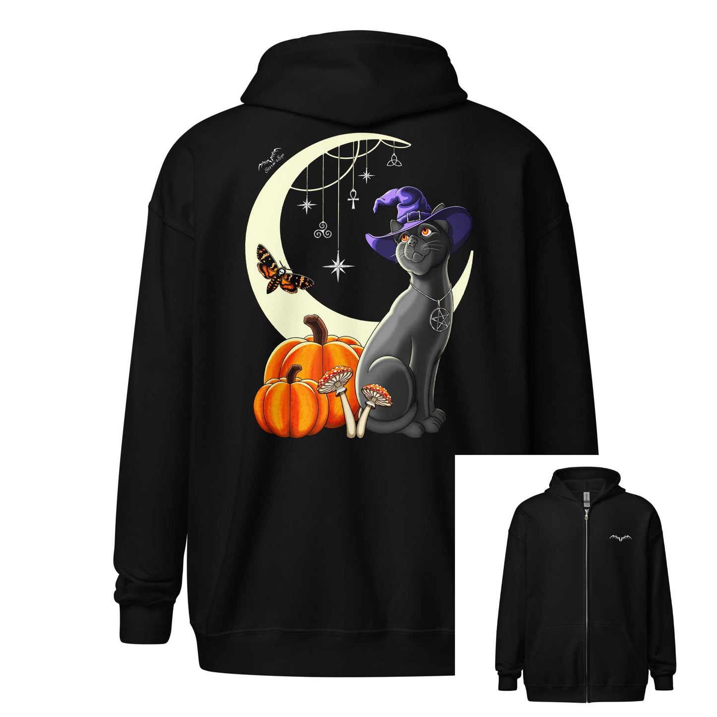 witch's cat back print zip hoodie by stormseye design, black, inset view