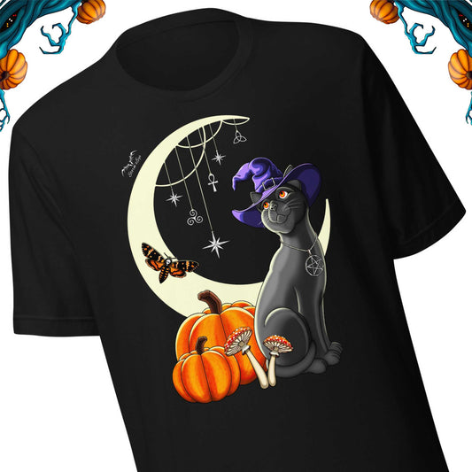 Witch's Cat T-shirt | Witchy Halloween Cat And Pumpkins Shirt | 7 Colours S - 4XL