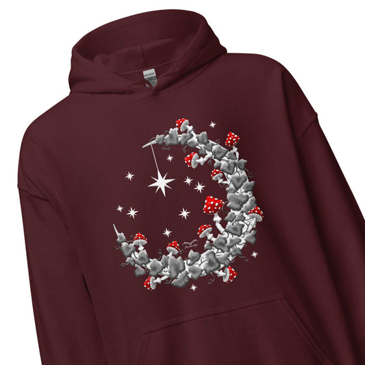 stormseye design mushroom moon hoodie detail view maroon