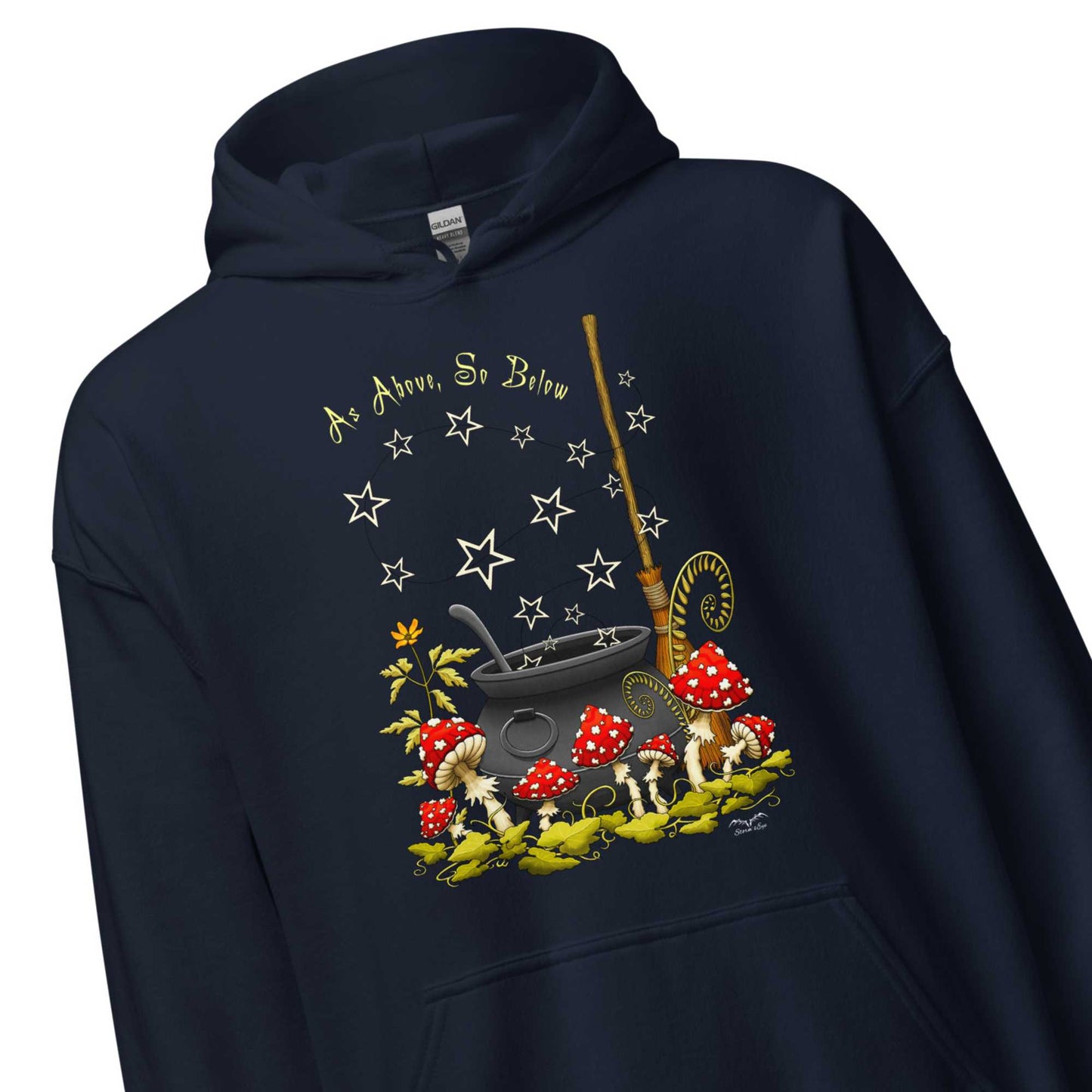 stormseye design witchy mushrooms hoodie, detail view, navy blue