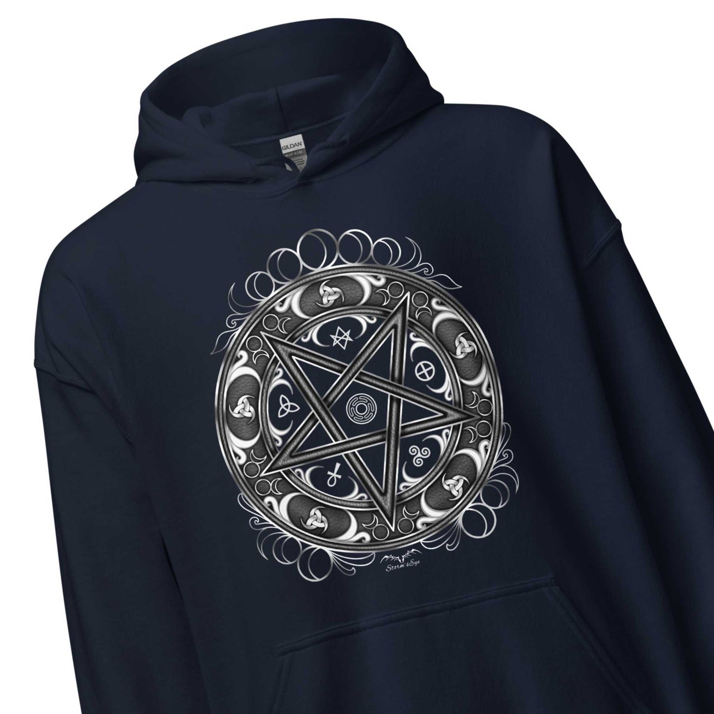stormseye design witchy occult wheel hoodie detail view navy blue