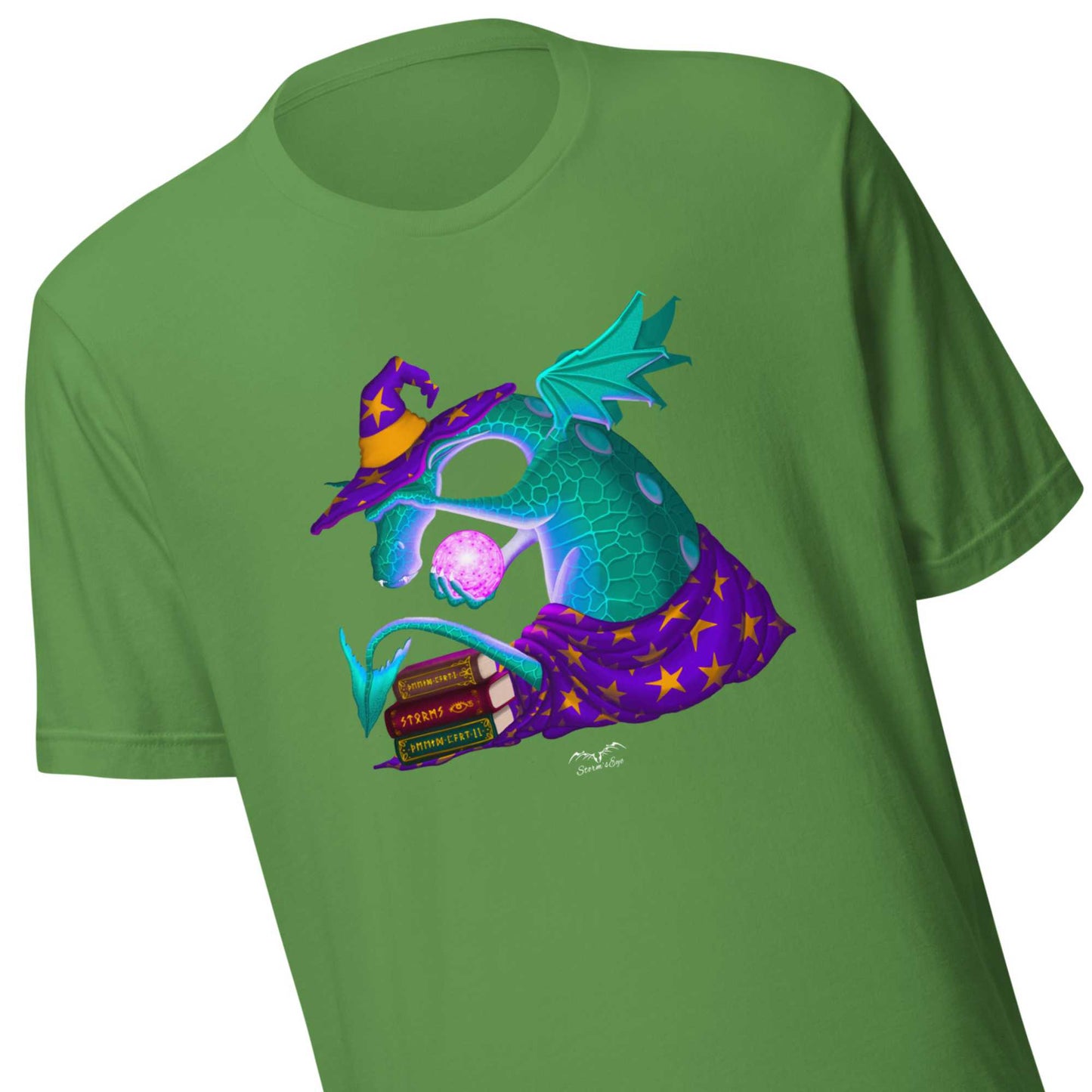 Wizard Dragon T-shirt by Stormseye, bright green, zoom view