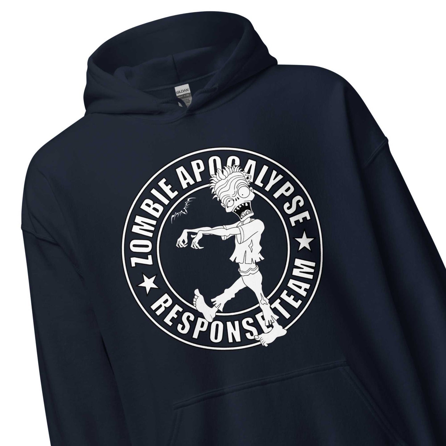 stormseye design zombie apocalypse colour hoodie, detail view navy blue
