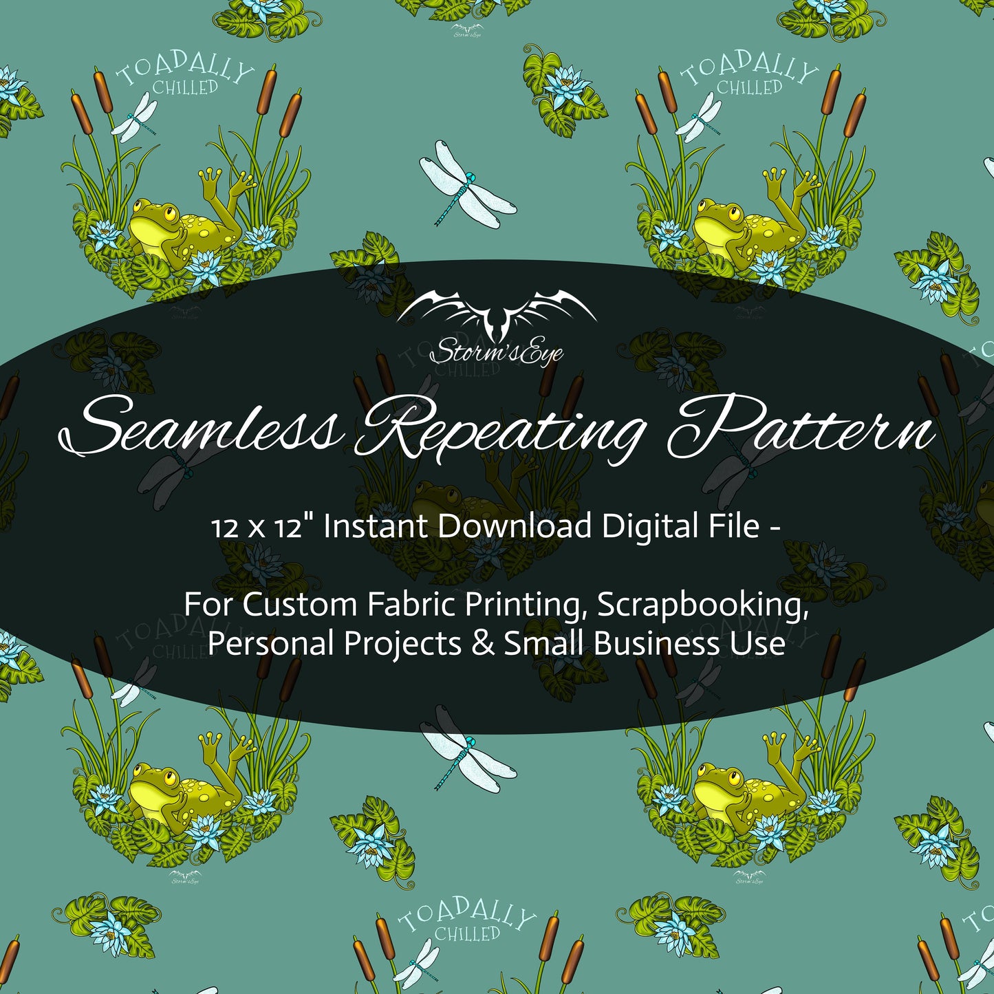 Toadally chilled cute frog cottagecore seamless repeat pattern instant download by Stormseye Design