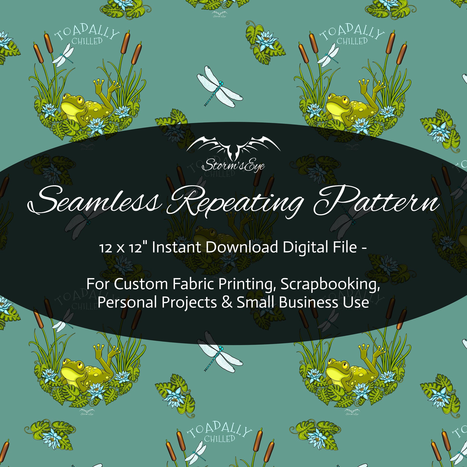Toadally chilled cute frog cottagecore seamless repeat pattern instant download by Stormseye Design