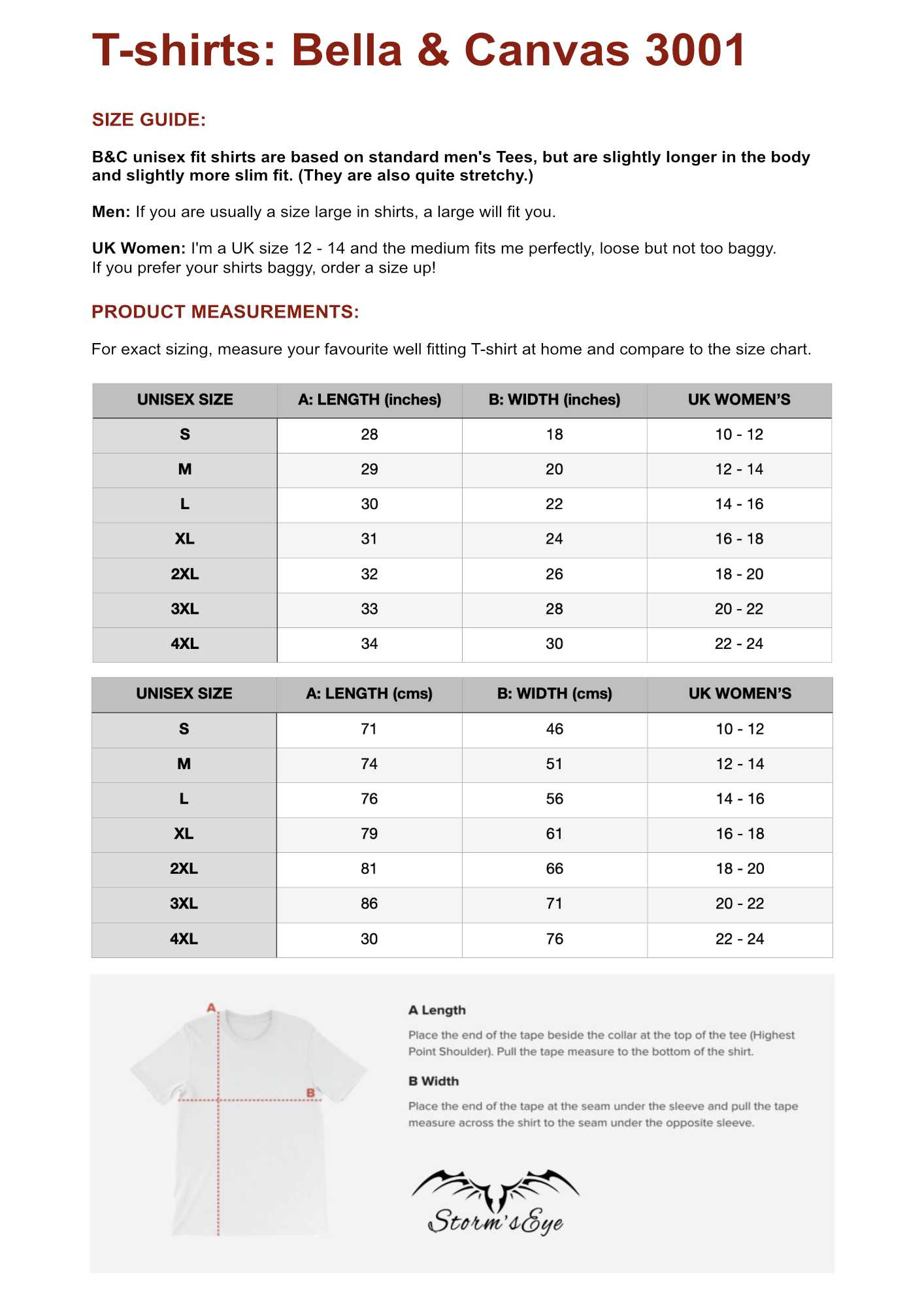 Stormseye Design Bella And Canvas 3001 T-shirt Size Chart