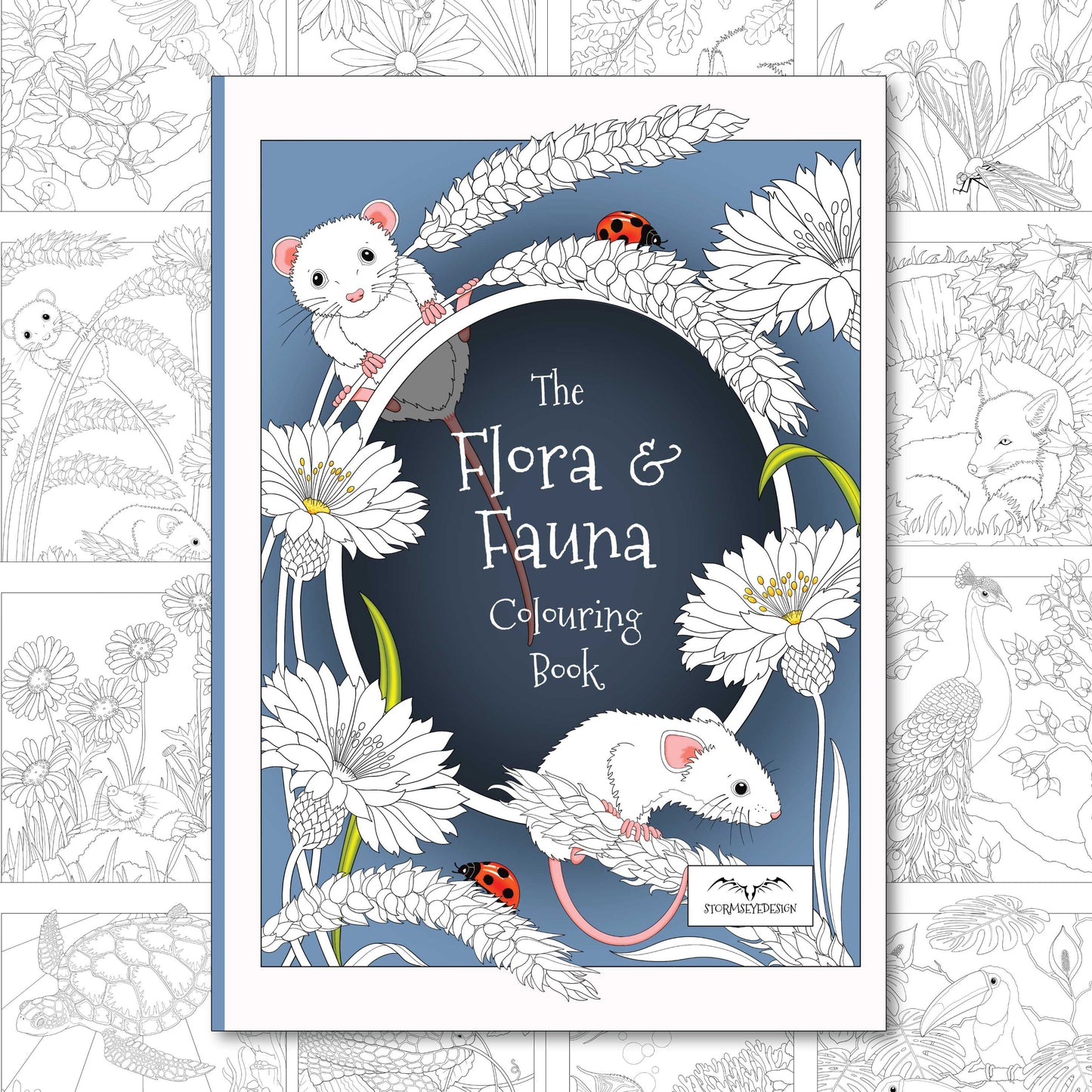 Flora & Fauna coloring book cover with illustrations of animals and flowers on a white background.