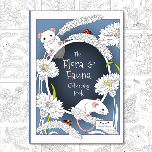 Flora & Fauna coloring book cover with illustrations of animals and flowers on a white background.