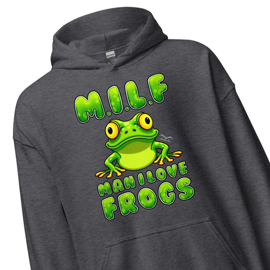 stormseye design man i love frogs MILF hoodie detail view dark heather