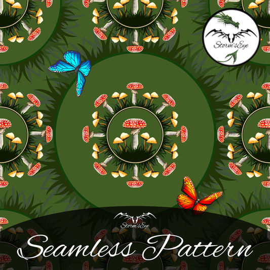 Mushrooms and butterflies green seamless repeat pattern instant download by Stormseye Design