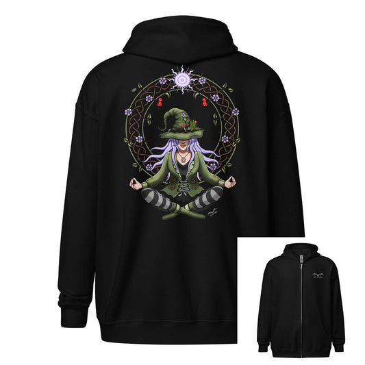 stormseye design hedge witch back print zip hoodie, flat view, black