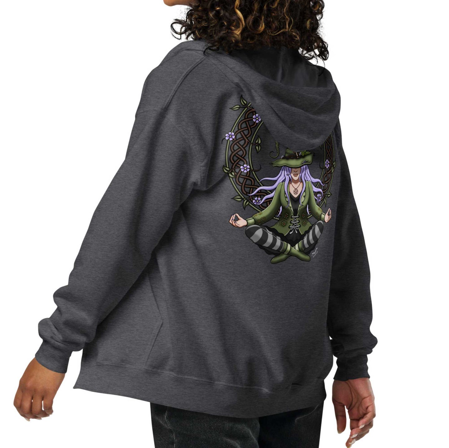 stormseye design hedge witch back print zip hoodie, back modelled view, grey