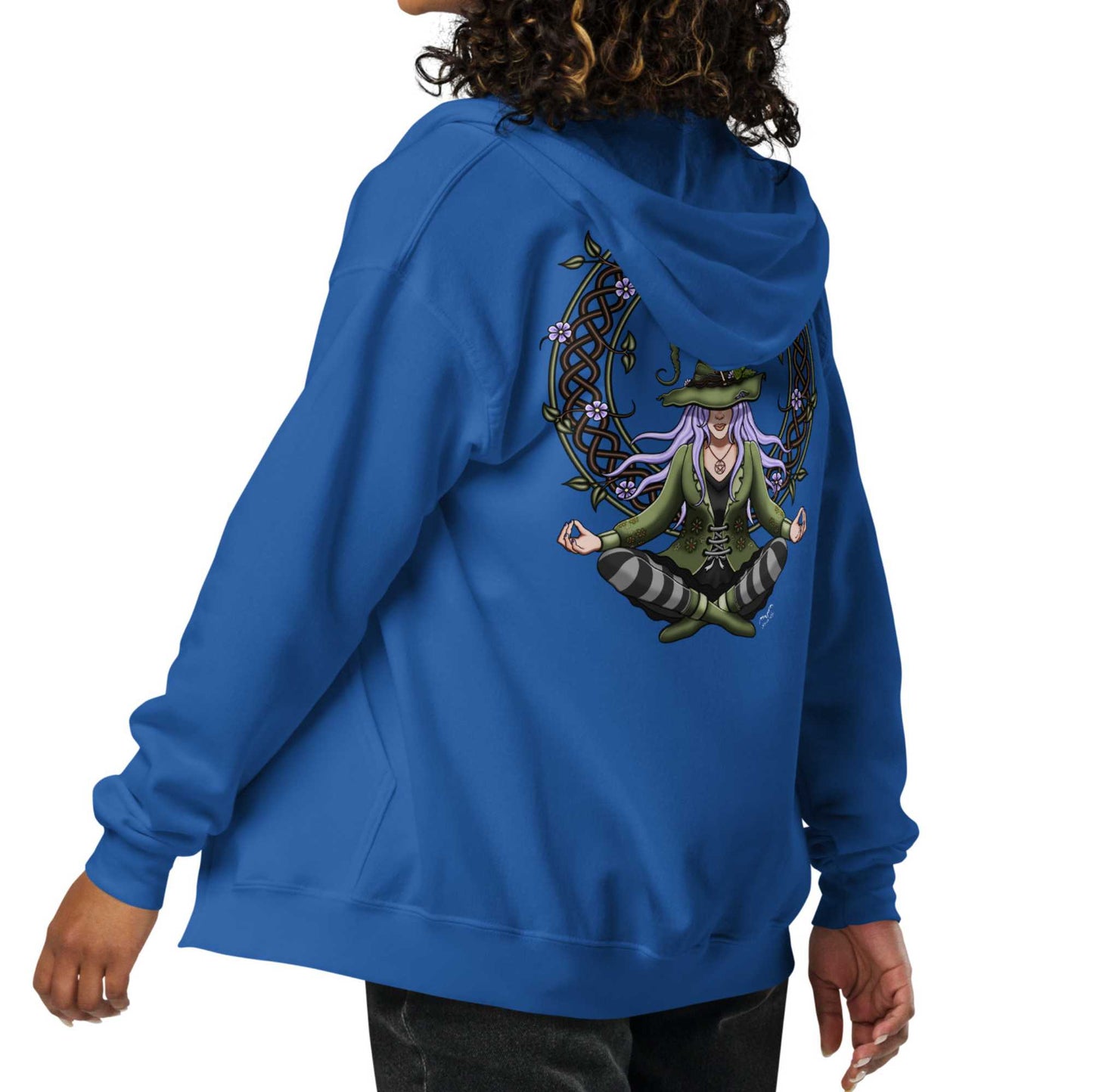 stormseye design hedge witch back print zip hoodie, back modelled view, royal