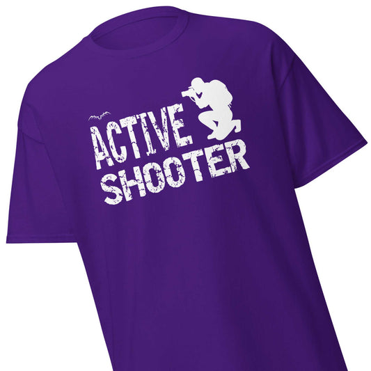 stormseye design active shooter t-shirt, detail view, purple