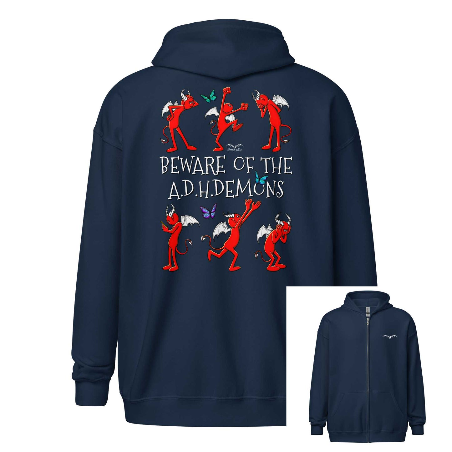 stormseye design ADHD demons zip hoodie, inset view, navy blue

