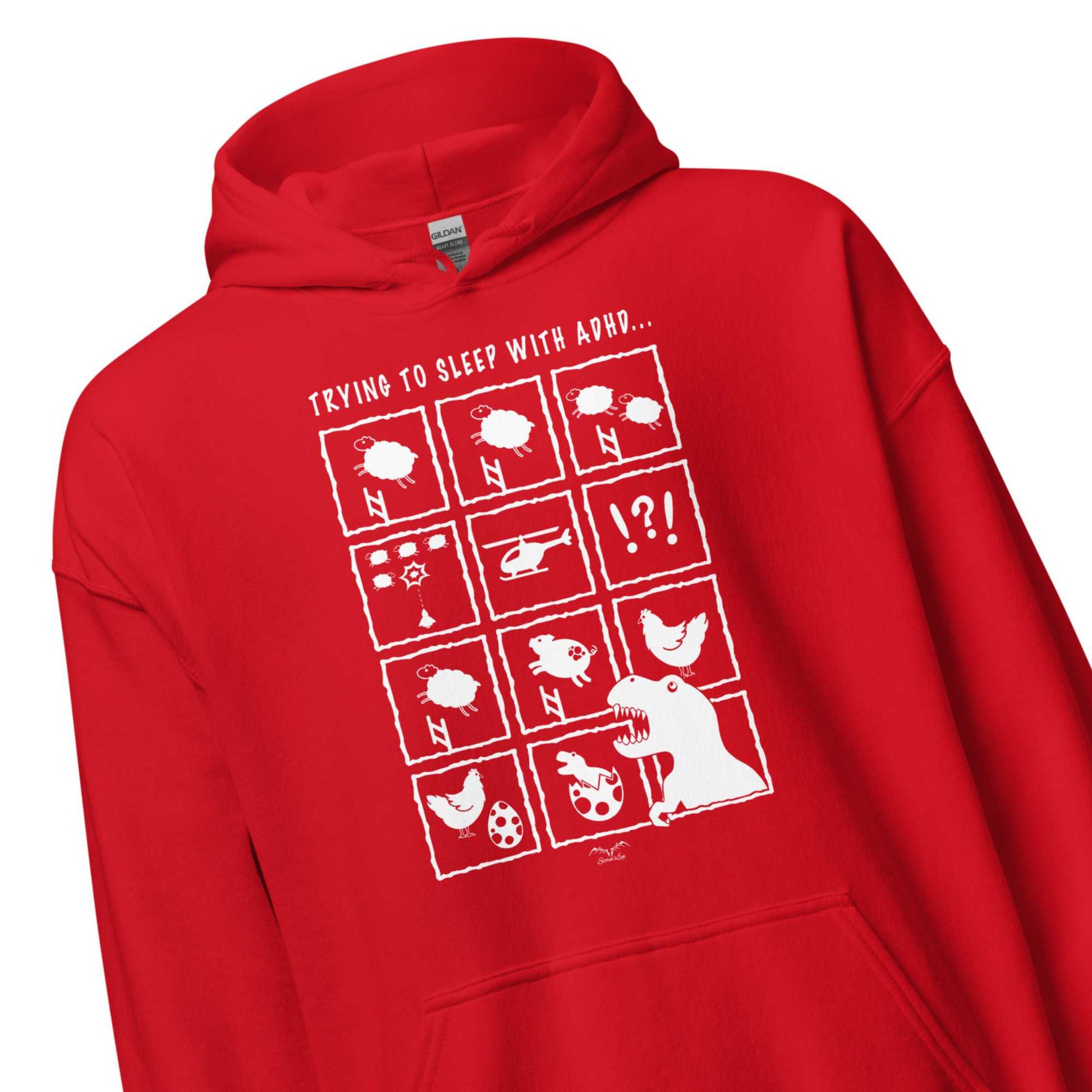 adhd insomnia hoodie by stormseye design, red, zoom view