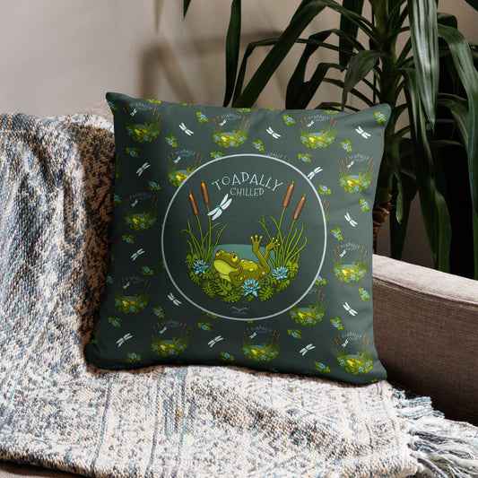 Toadally chilled frog pillowcase dark green by stormseye design