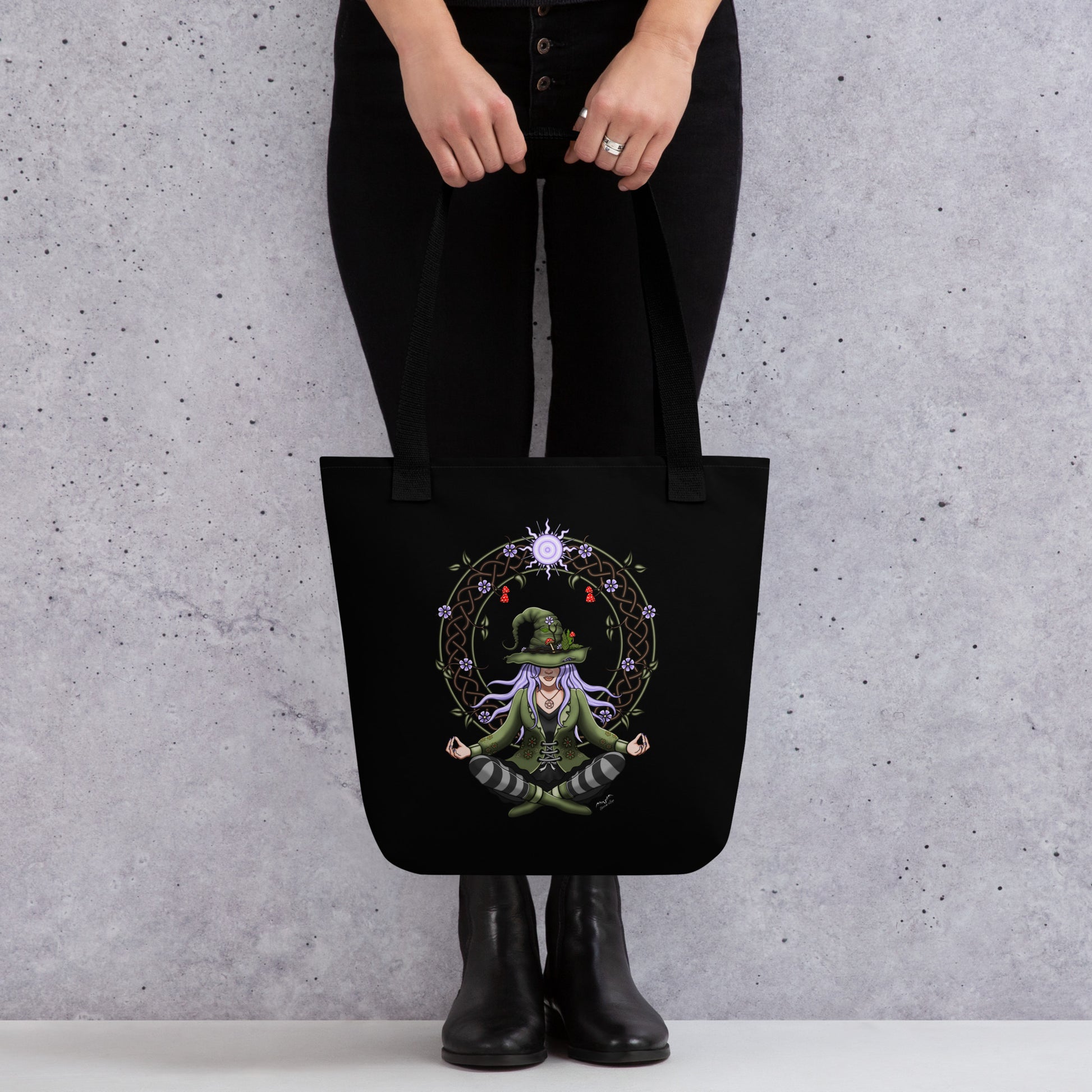 Stormseye design hedge witch large tote bag, modelled view