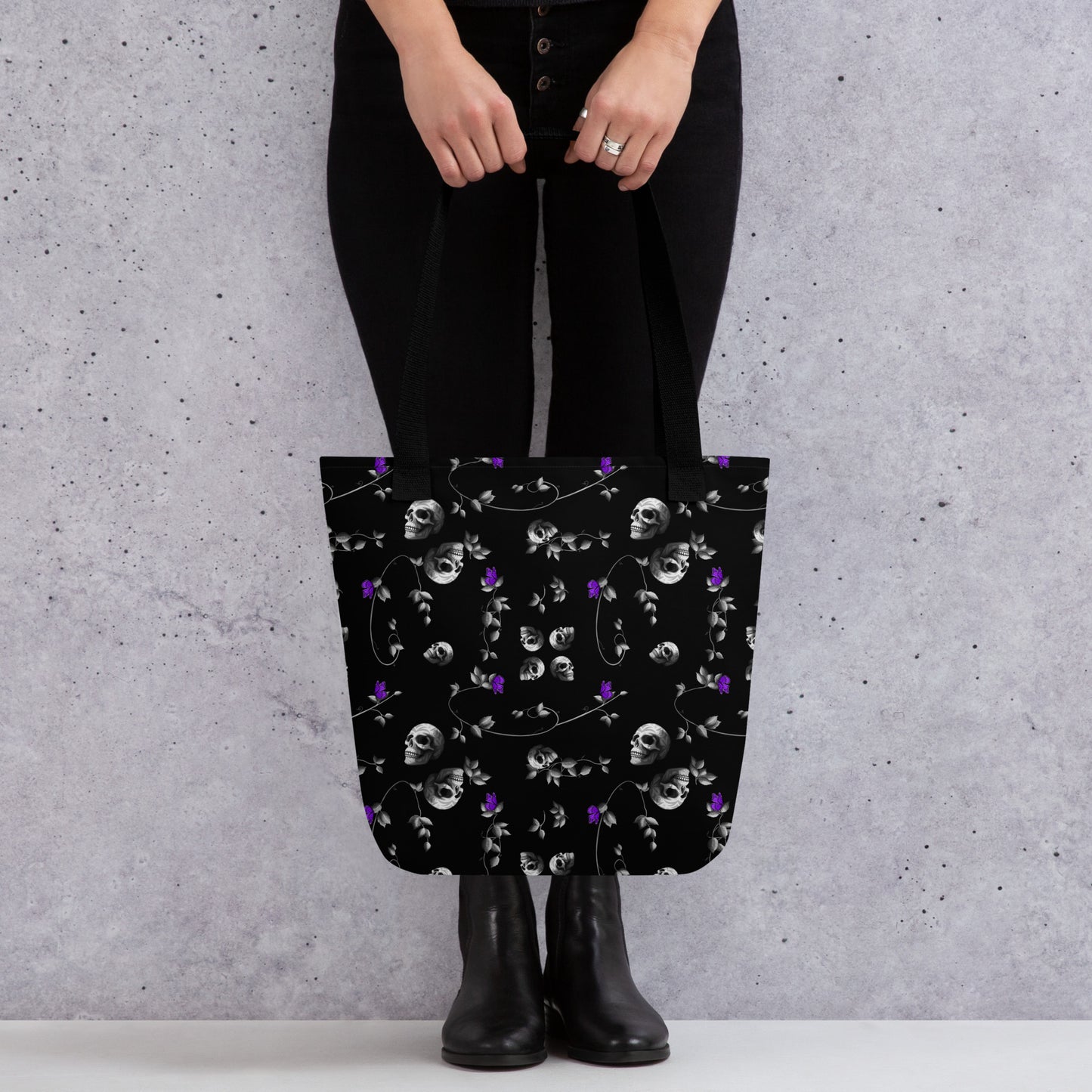 Stormseye design gothic skulls large tote bag, modelled view