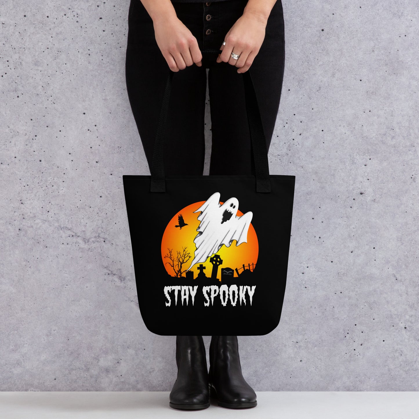 Stormseye design stay spooky large halloween tote bag, modelled view