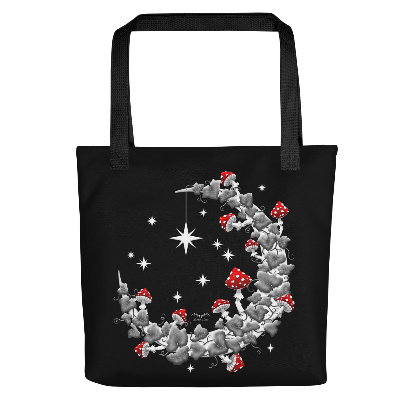 Stormseye design mushroom moon large witchy tote bag, front view