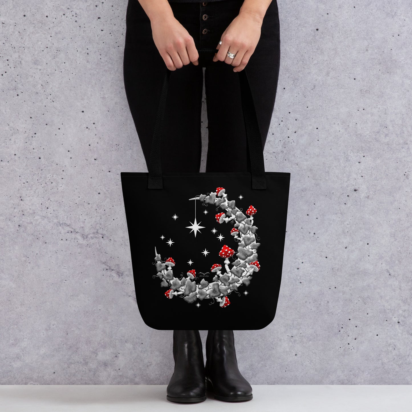 Stormseye design mushroom moon large witchy tote bag, modelled view