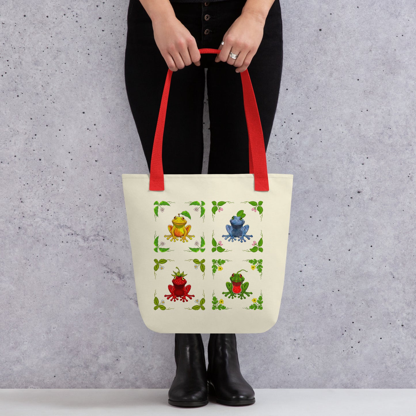 Stormseye design fruit frogs large tote bag modelled view
