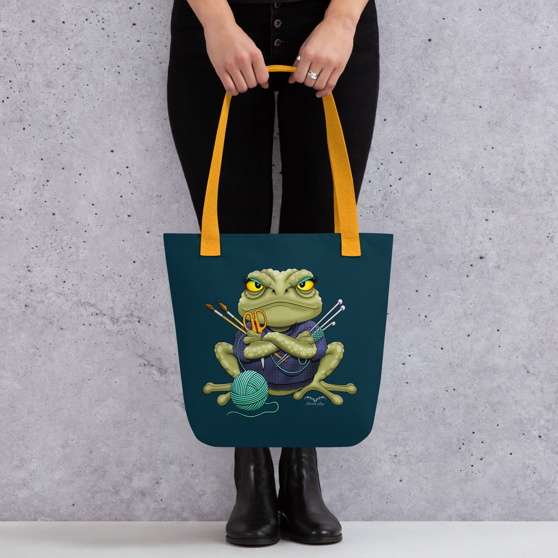 Stormseye design crafting frog large tote bag modelled view