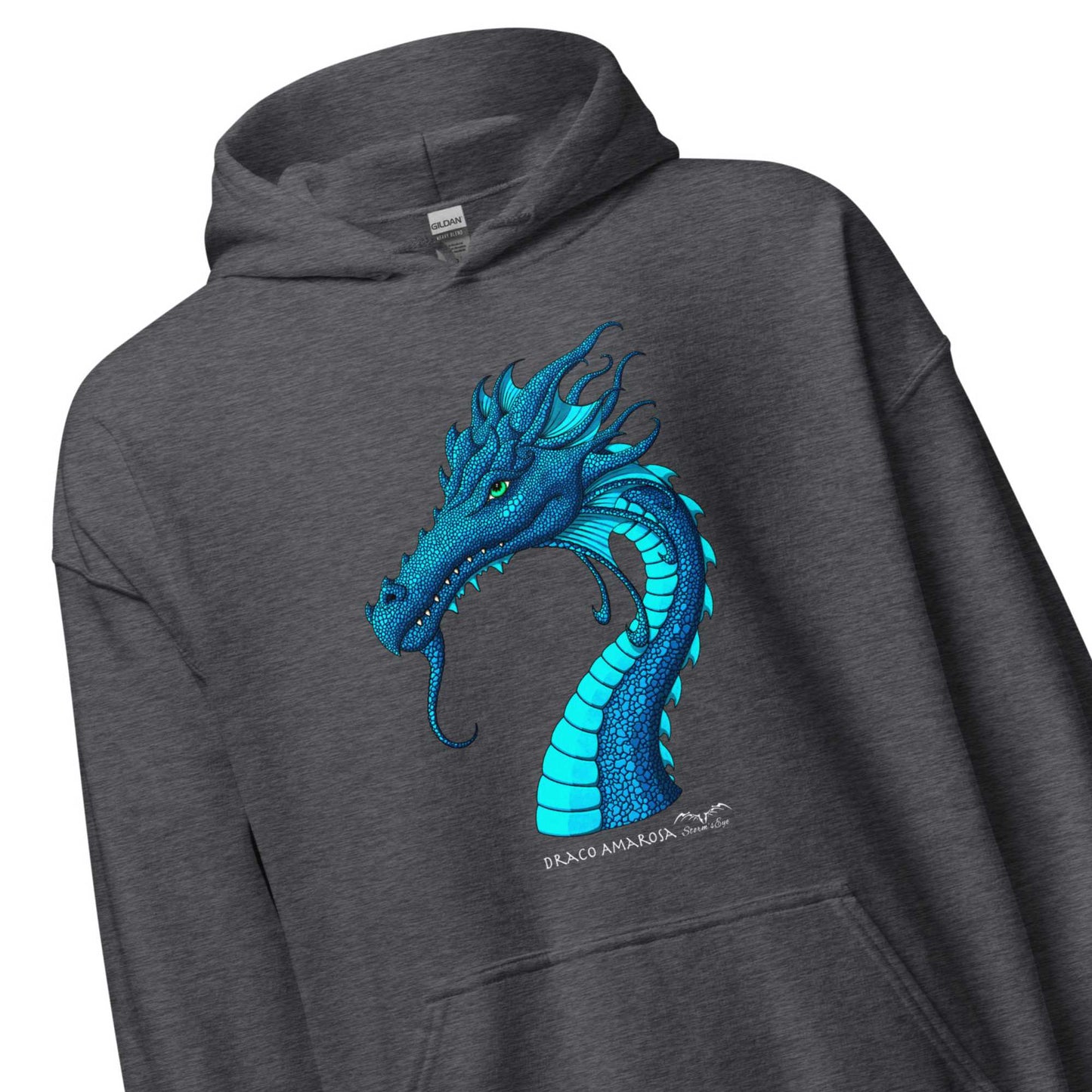 stormseye design amarosa dragon hoodie detail view dark heather