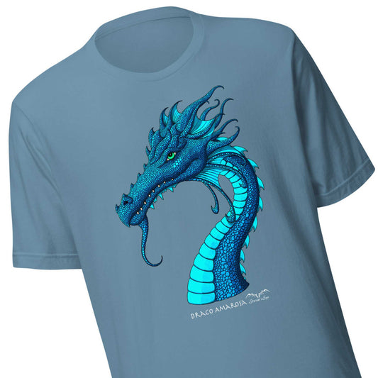 stormseye design amarosa dragon T shirt, detail view blue