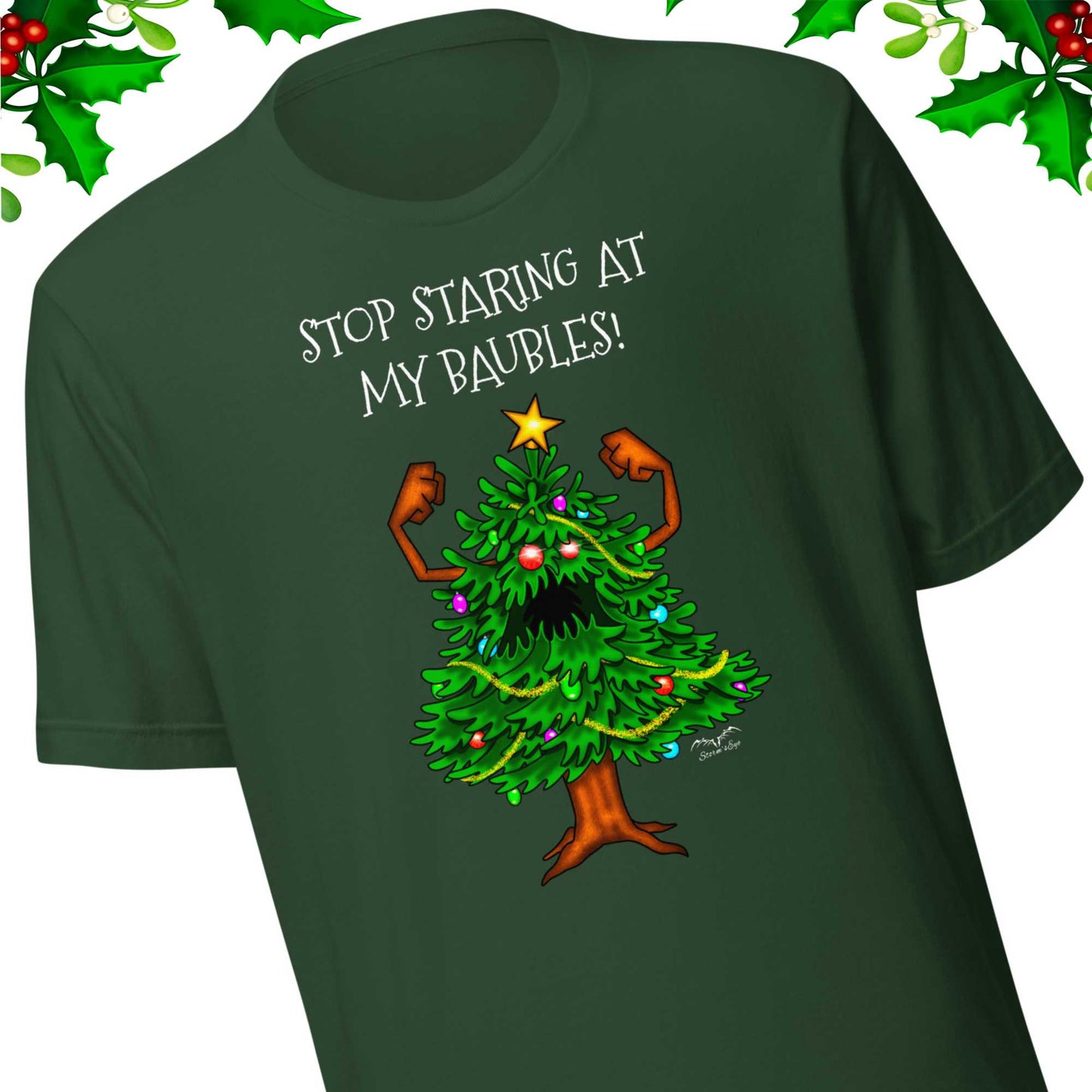 stormseye design angry christmas tree baubles T shirt, detail view forest green