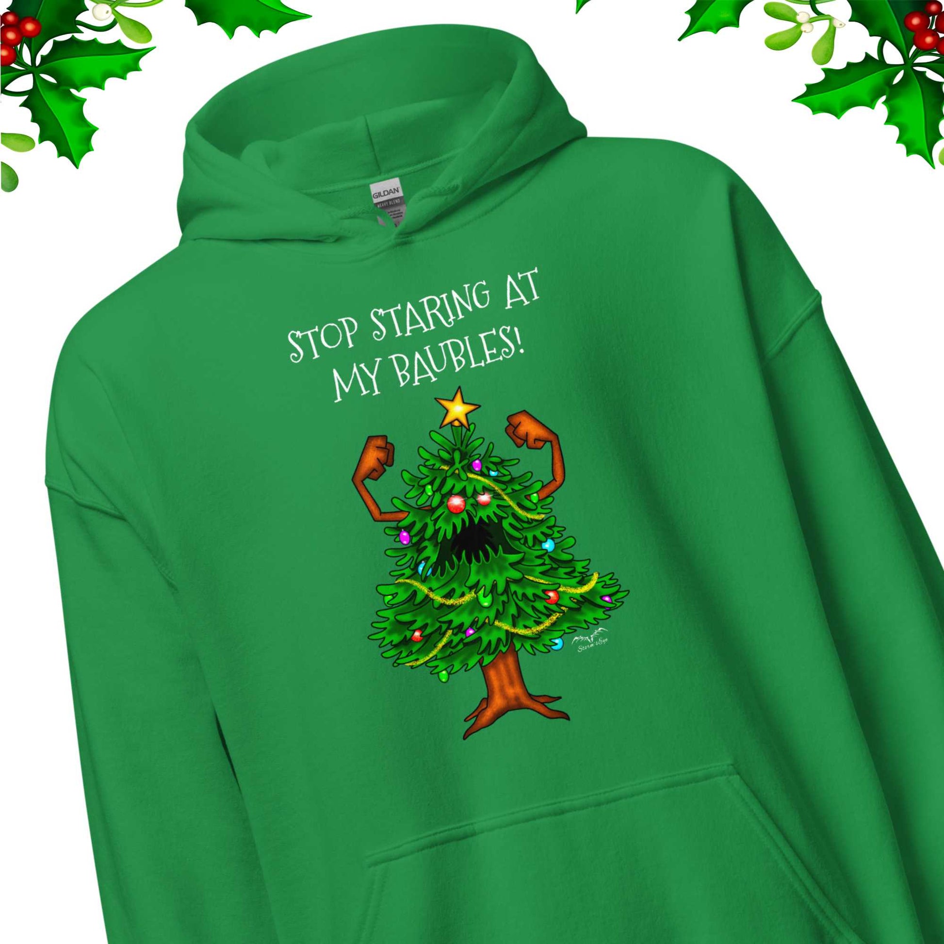 stormseye design angry christmas tree hoodie detail view green