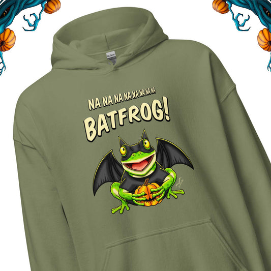 stormseye design batfrog halloween hoodie detail view army green